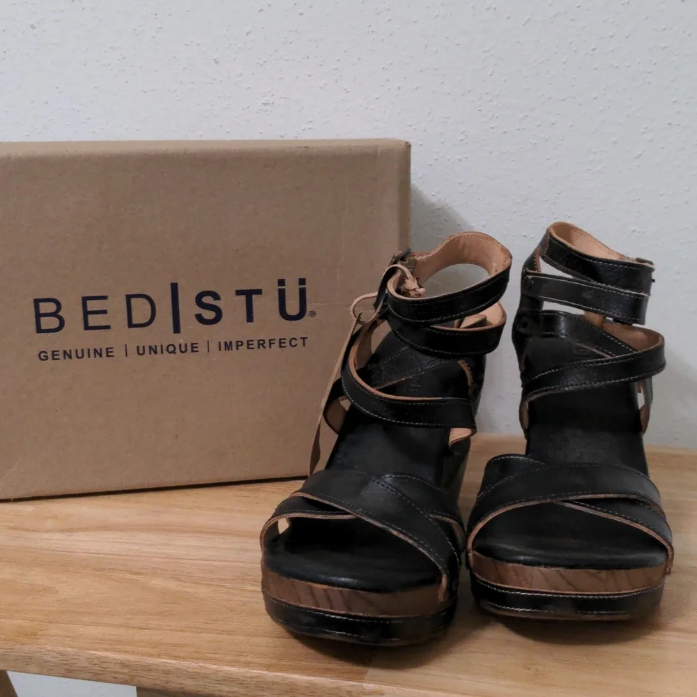 BedStu Juliana Black Leather Platform Wedge Sandals sz 11 New w Box - Picture 8 of 12